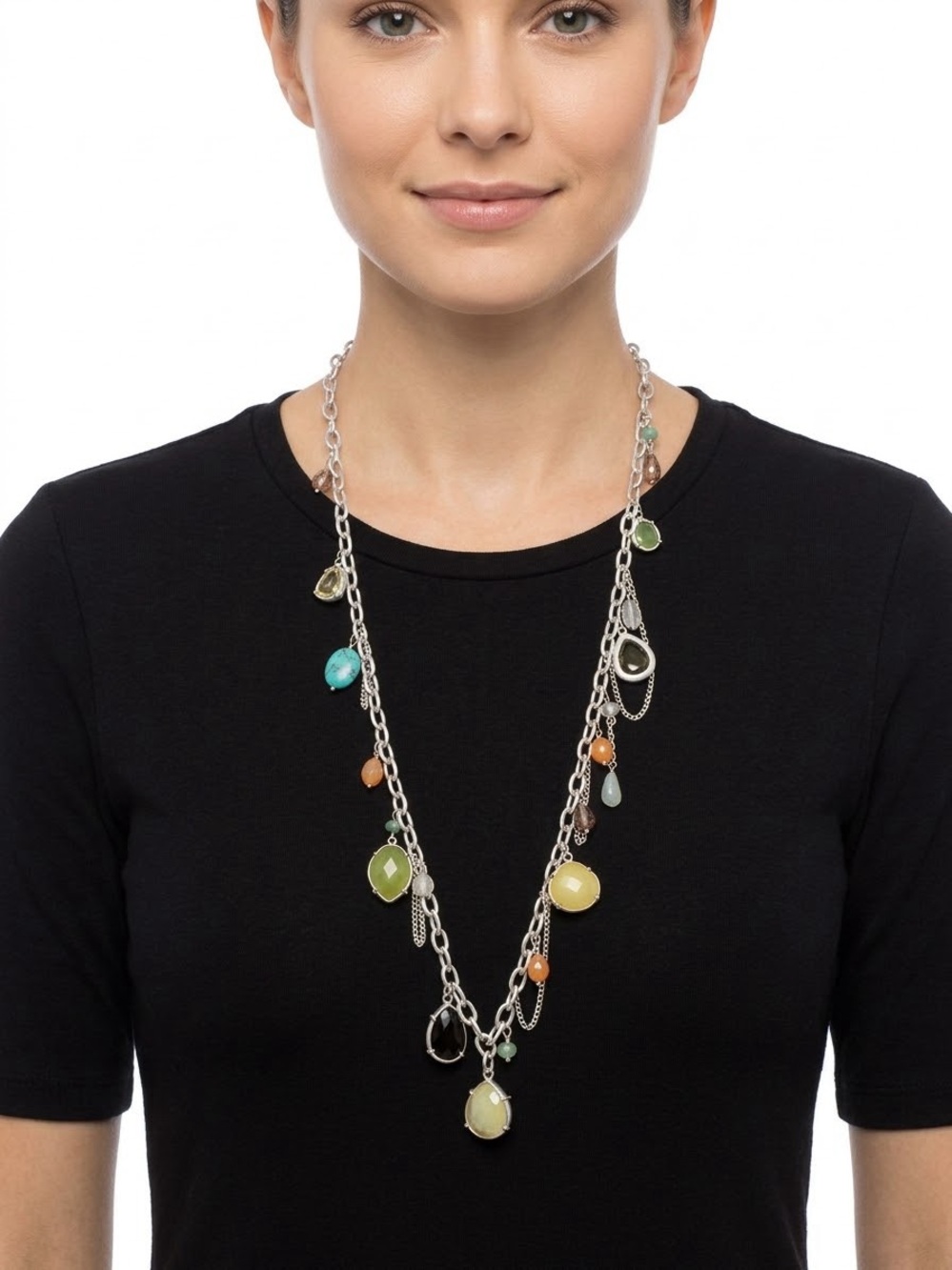 Lia Sophia Multi-Charms Silver-Tone Necklace - Green, Turquoise, Orange, Yellow
